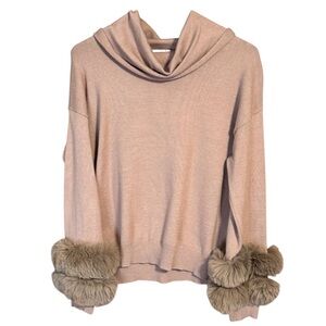 BIRCH NY Faux Fur Cuff Sweater Large Beige Cowl Neck Knit Top